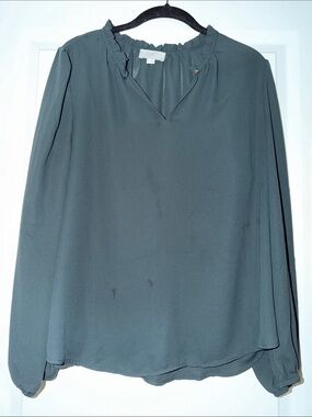 LOFT Teal Green Long-Sleeve Ruffle-Neck Blouse